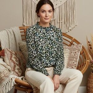 LOFT 100% Rayon Long Sleeve Top Floral High Neck Women's Blouse Village Boho L